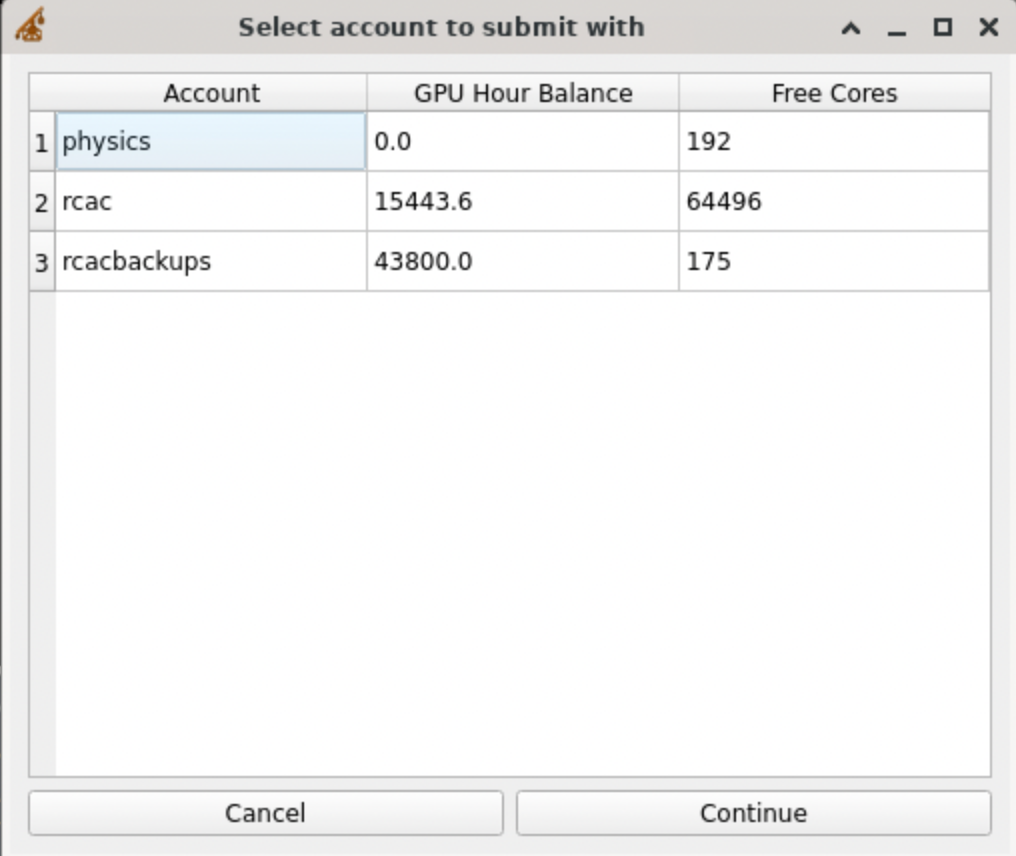 A window showing a few Slurm accounts with associated resource limits, including GPU hours and Free Cores.