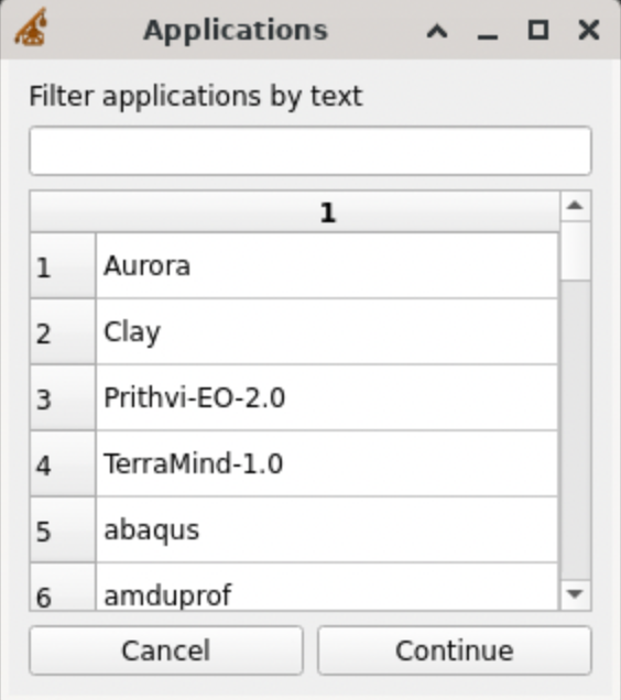 A table that shows all the available modules to load on Gautschi, with a text box at the top to search through applications.