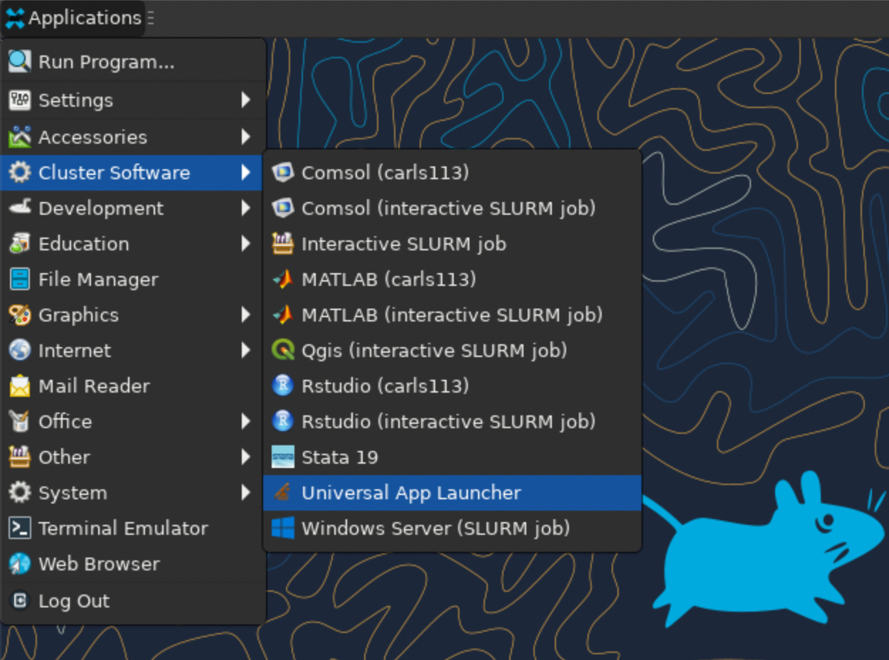 An image showing the location of the universal launcher menu item within ThinLinc.