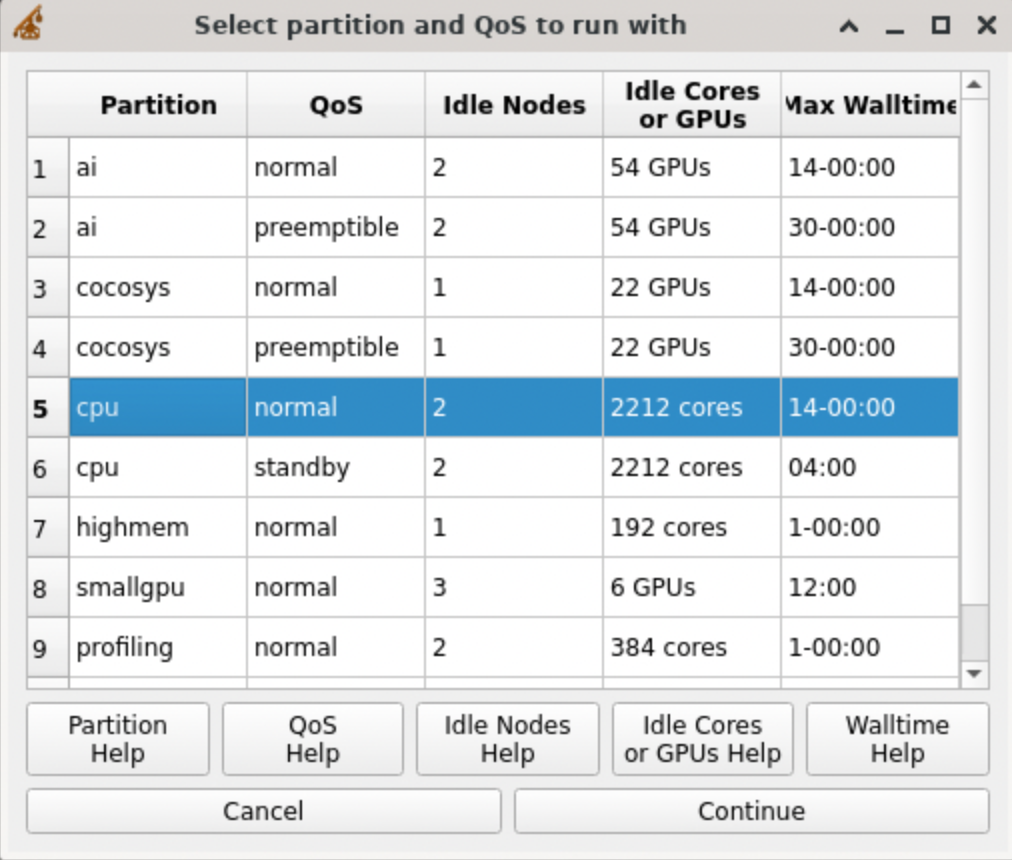 A menu showing all the partitions on Gautschi, each with their allowed Qualities of Service, as well as some metrics about each one, including the idle nodes, cores, and GPUs, and the max walltime allowed for each one.