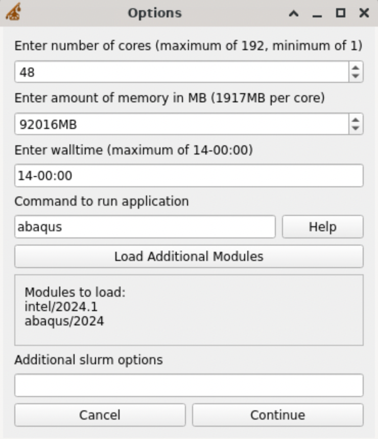 A window with many options to fill in, including number of cores, amount of memory, walltime, the command to run the application, a list of modules that will be loaded, and any additional slurm options that you may need.