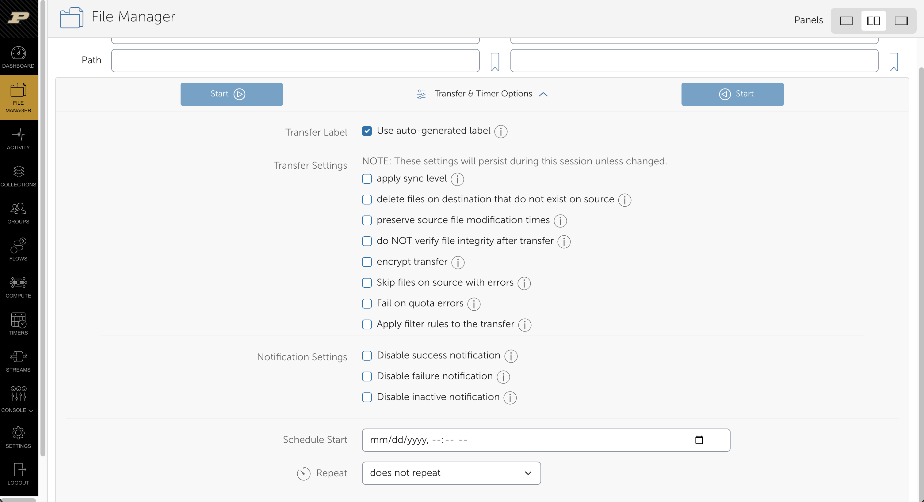 Expanded Transfer & Timer Options between the file panels, showing synchronization, file-preservation, encryption, notification, scheduling, and repeat controls.