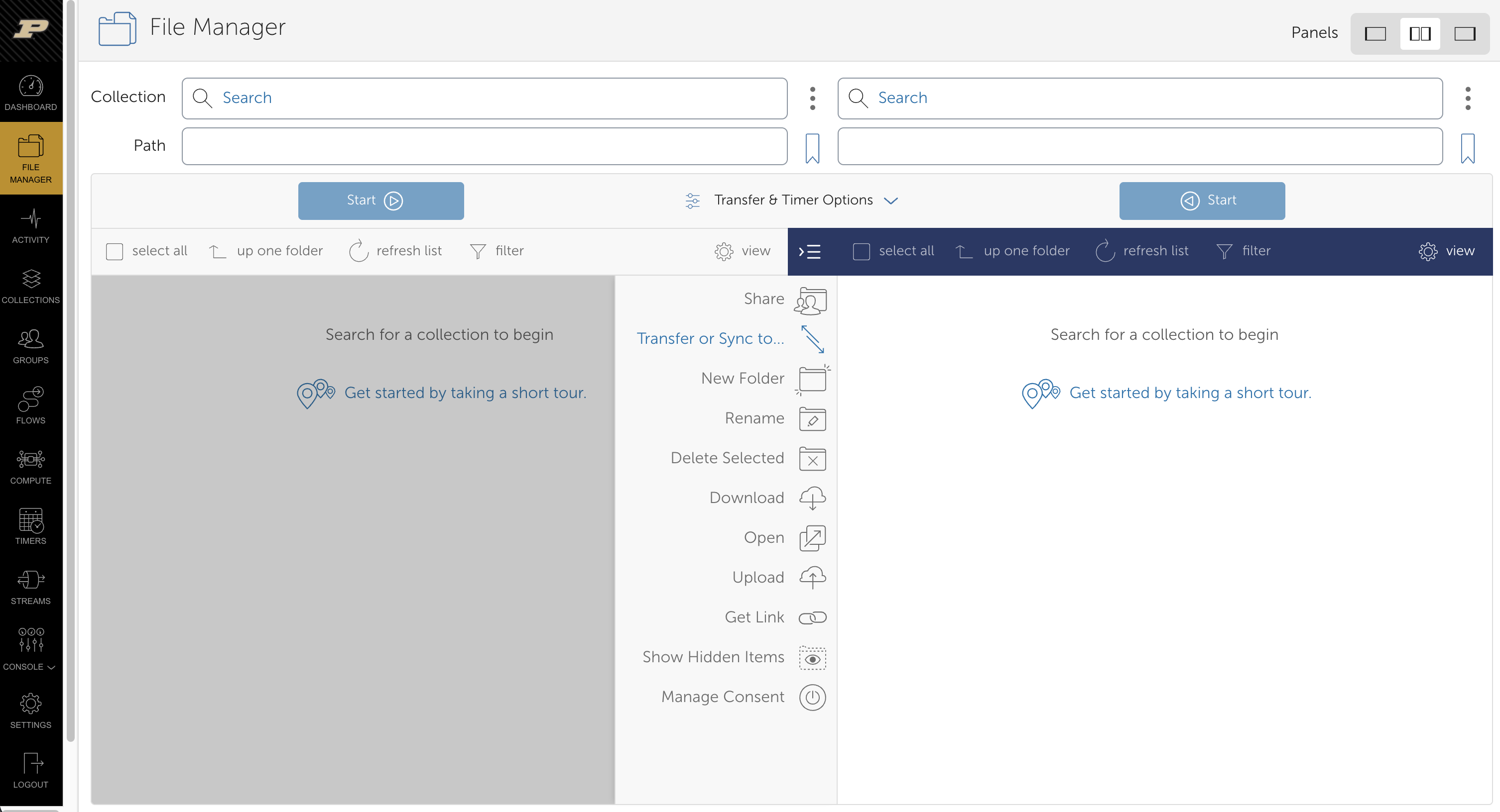 Globus File Manager in two-panel mode, with collection and path fields at the top of each pane and the middle Panels button selected.
