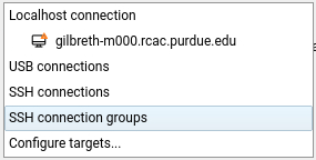 Nsight Systems target-selection dropdown with Localhost selected among the available SSH and USB connection targets.