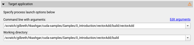 Nsight Systems target-application panel with fields for the command line with arguments and the working directory.