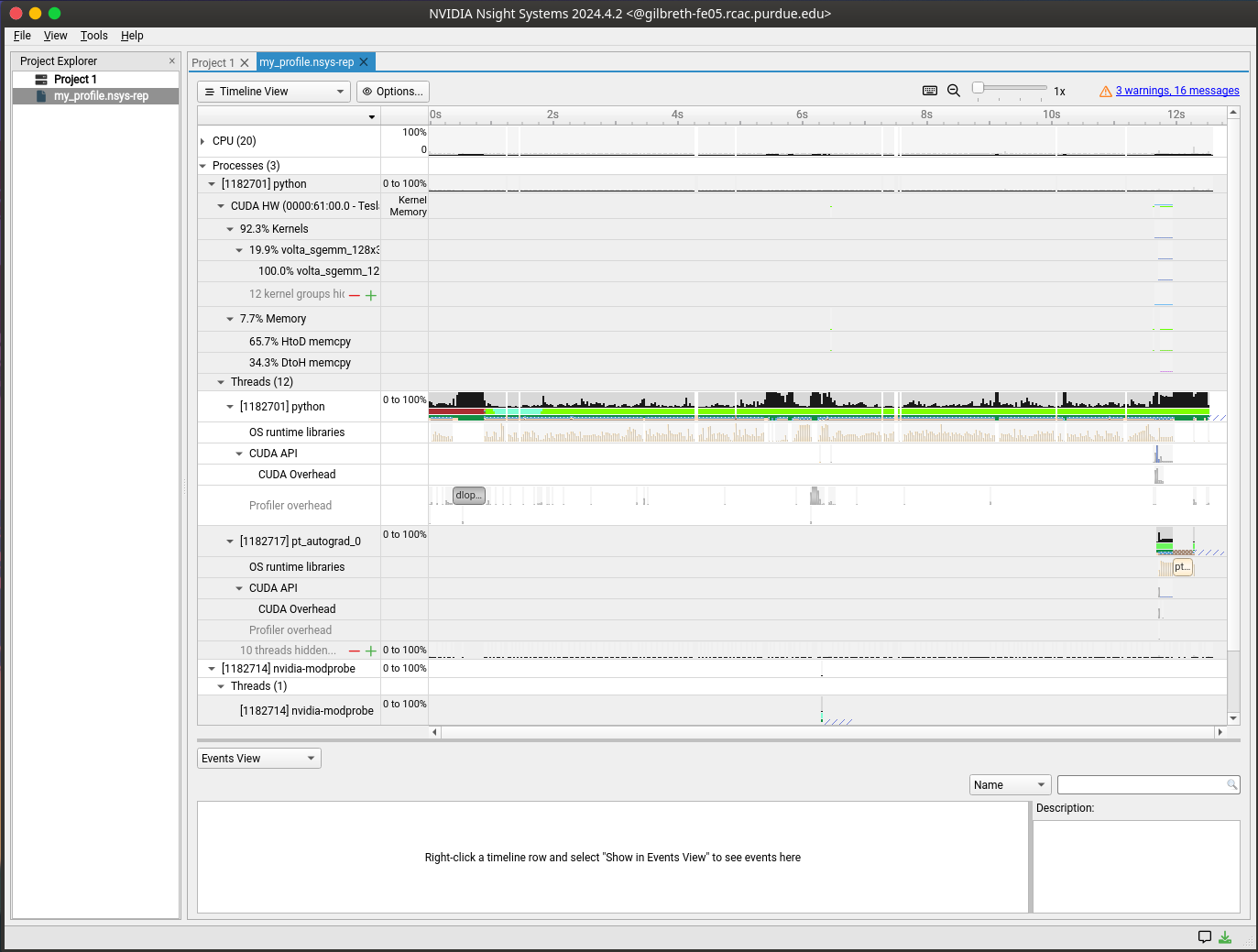 Nsight Systems GUI timeline view with per-process rows for CUDA API calls and memory copies over the run duration, and an events summary pane below.