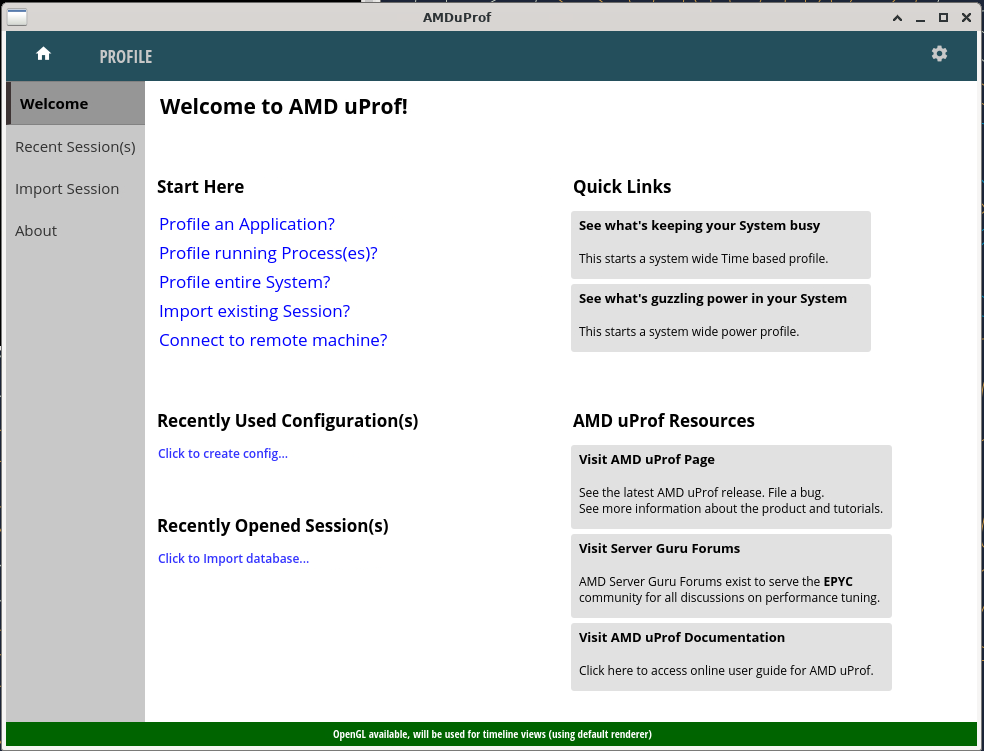 AMD uProf GUI start page with options to start a new profile session or import an existing session.