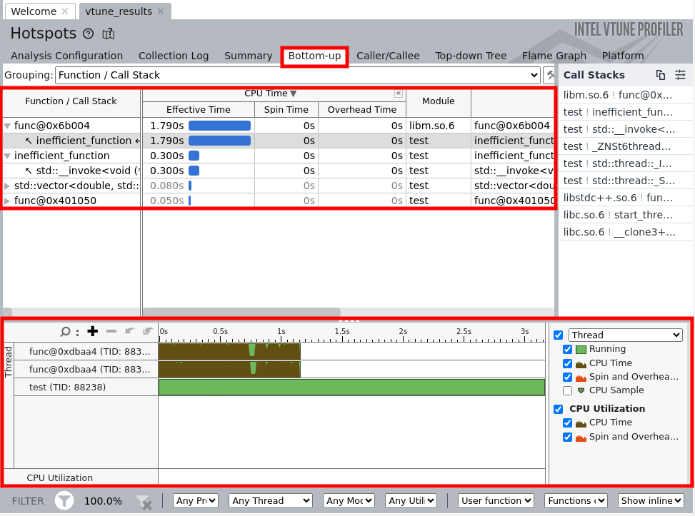 Intel VTune bottom-up tab with a per-thread timeline separating CPU time from overhead and spin time across the run.