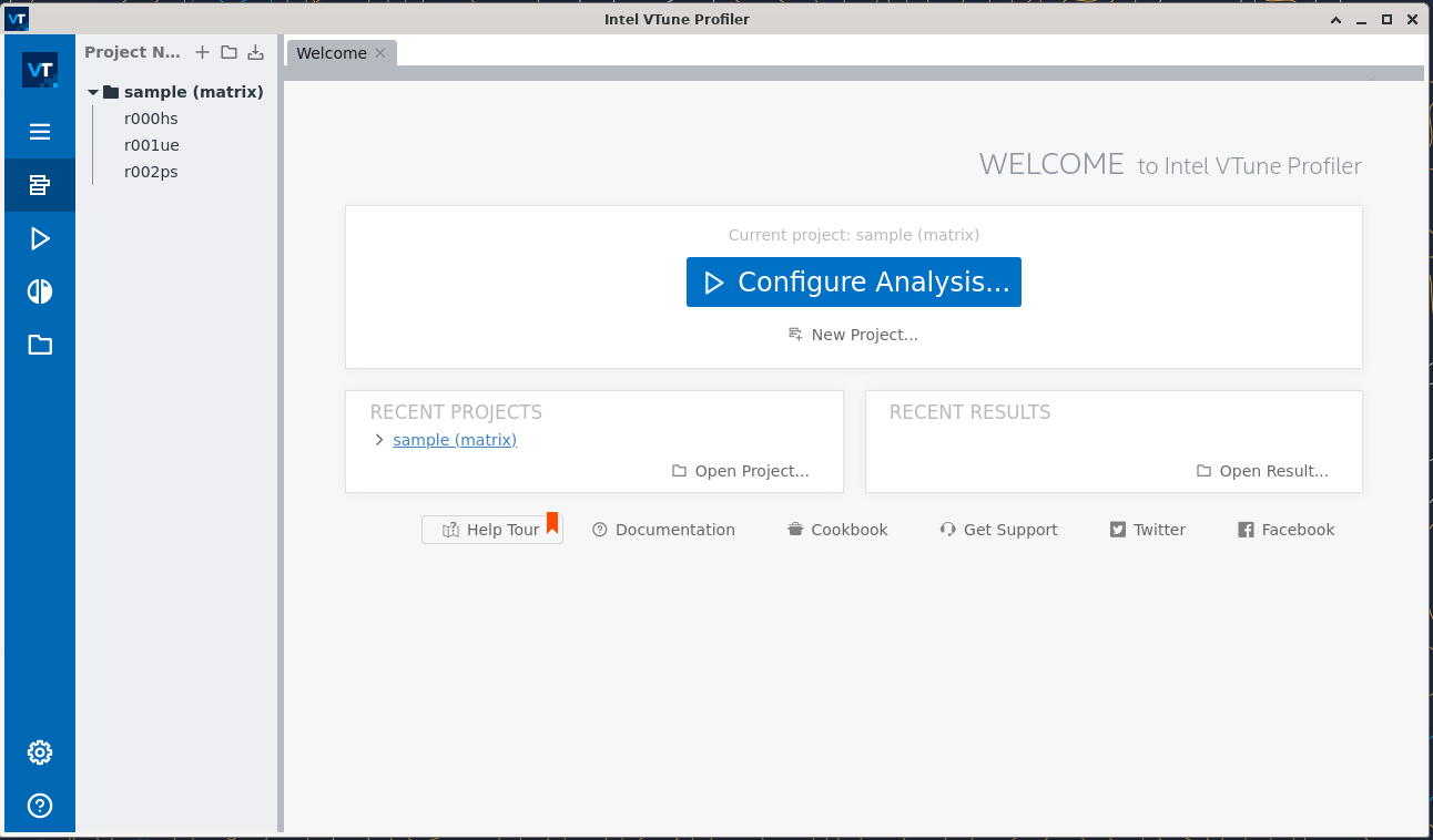 Intel VTune Profiler GUI welcome page with options to configure a new analysis or open an existing result.