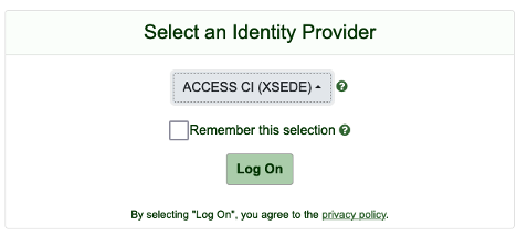 CILogon identity provider selection with ACCESS CI (XSEDE) selected