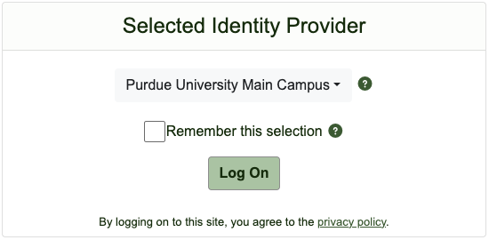 CILogon identity provider selection with Purdue University Main Campus selected
