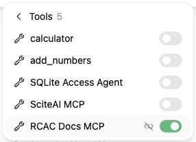 GenAI Studio Tools menu with the RCAC Docs MCP server enabled