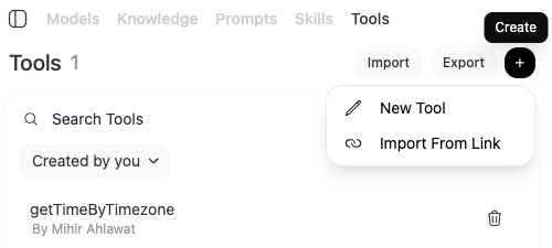 GenAI Studio Workspace Tools page with the create menu open