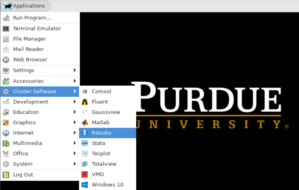 This image displays the Thinlinc Application Launcher menu and depicts the user selecting Cluster Software > Rstudio