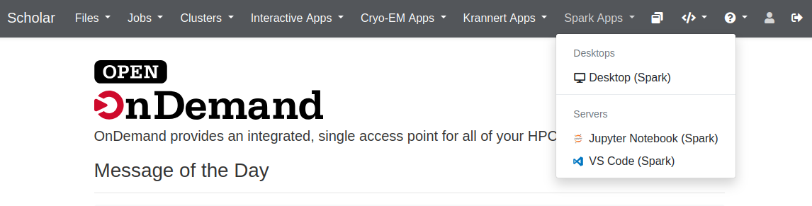 Screenshot of Spark Applications Dropdown Menu