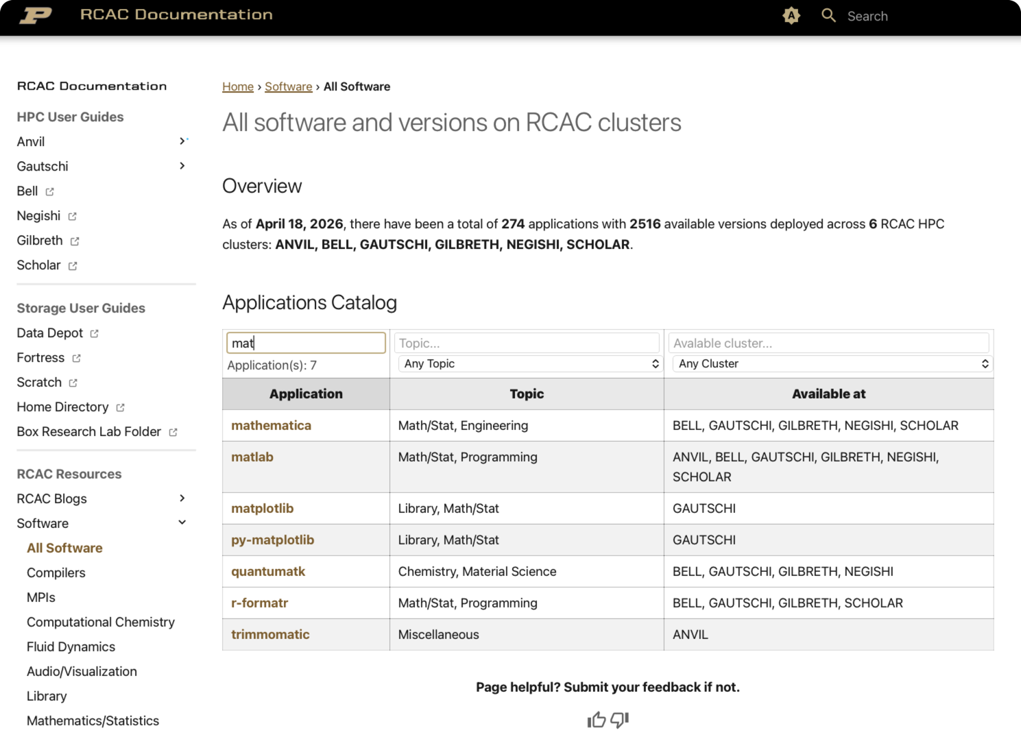 Software catalog with live filter active