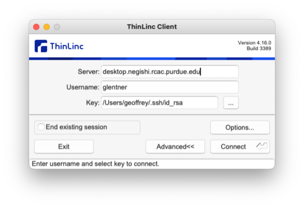 Image showing the ThinLinc login portal, with text boxes to enter in the Server, the Username, and the path to the ssh key.
