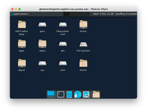 Image showing what the desktop looks like when logged into a cluster via ThinLinc.
